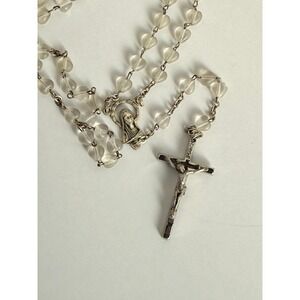 Vintage Italy‎ Frosted Glass Heart Bead Rosary Silver Tone Catholic Crucifix